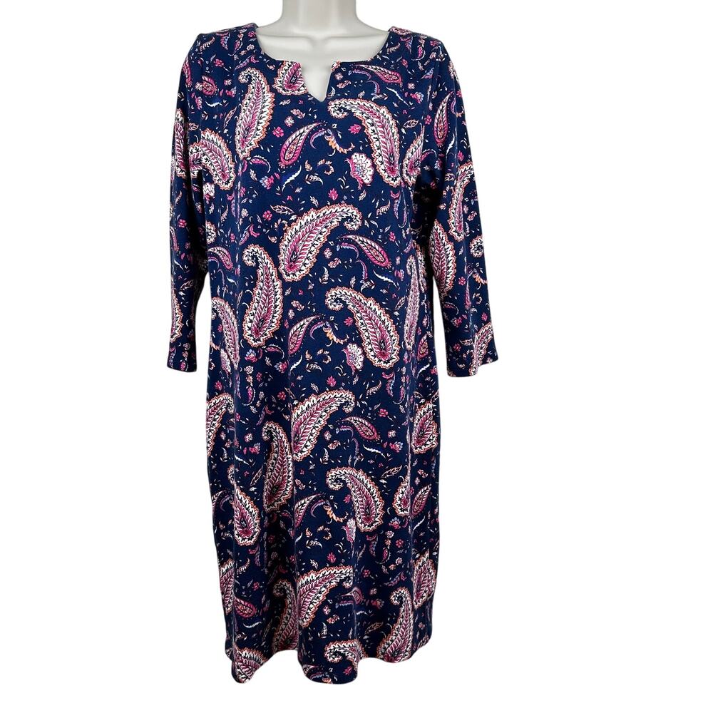 Talbots Dress Cotton Knit Shift Stretch Paisley Navy Pink Medium Office Classic